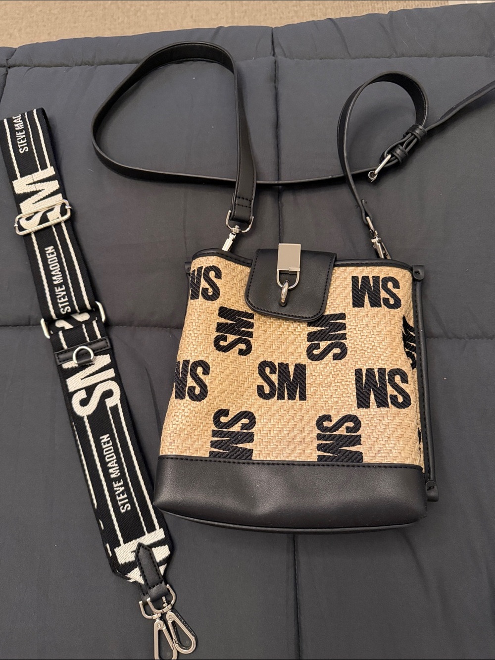 Steve Madden Black & Natural SM Logo Straw Crossbody Satchel